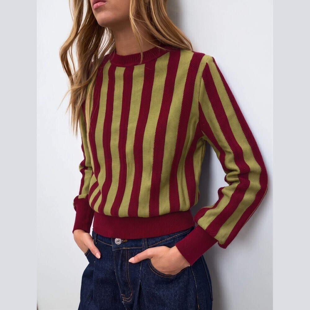 Burgundy / Olive Green Vertical Striped Ribbed Knit Crew Neck Sweater